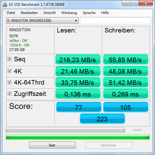 Kingston SSDNow mS200 30GB SSD - SMS200S3 - as ssd benchmark