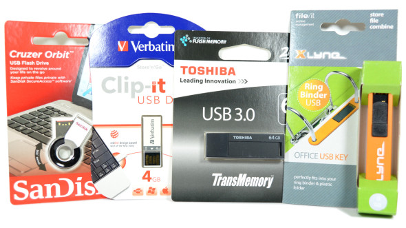 3DTester.de - Büro-USB-Sticks - SanDisk Cruzer Orbit, Verbatim Clip-it, Toshiba TransMemory Black, Xlyne Fileit orange